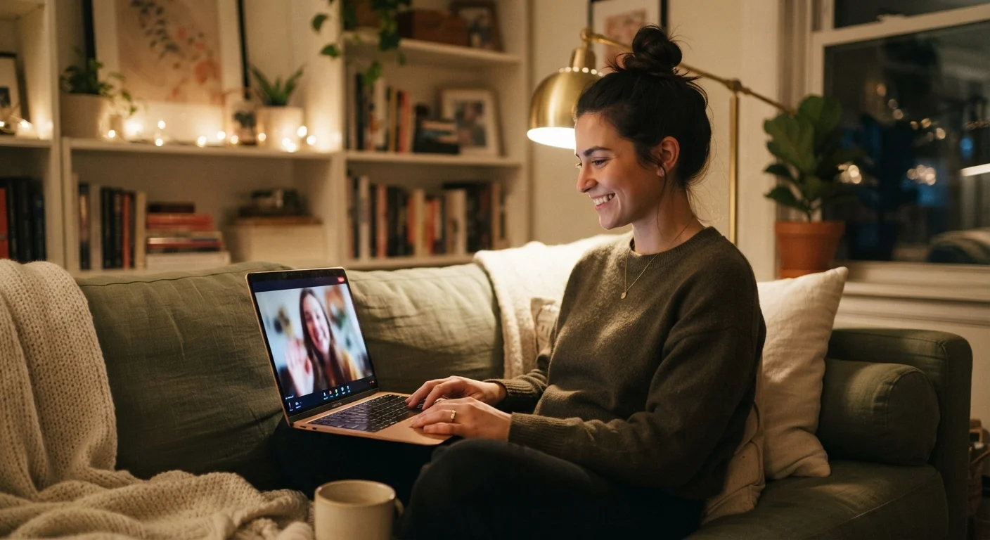 Person smiling warmly at a laptop screen showing a content creator in a cozy living room