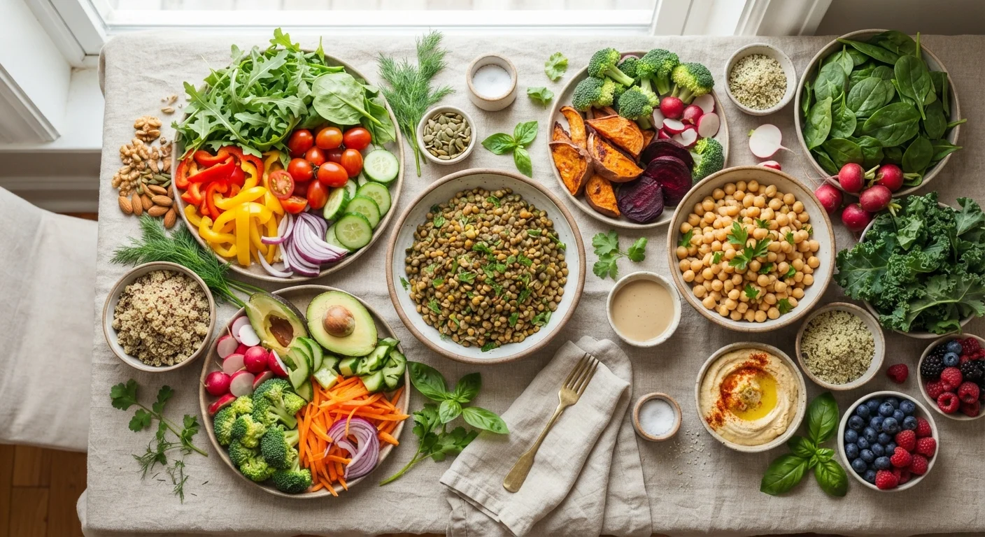 Colorful assortment of plant-based foods including legumes, greens, nuts, and fresh vegetables