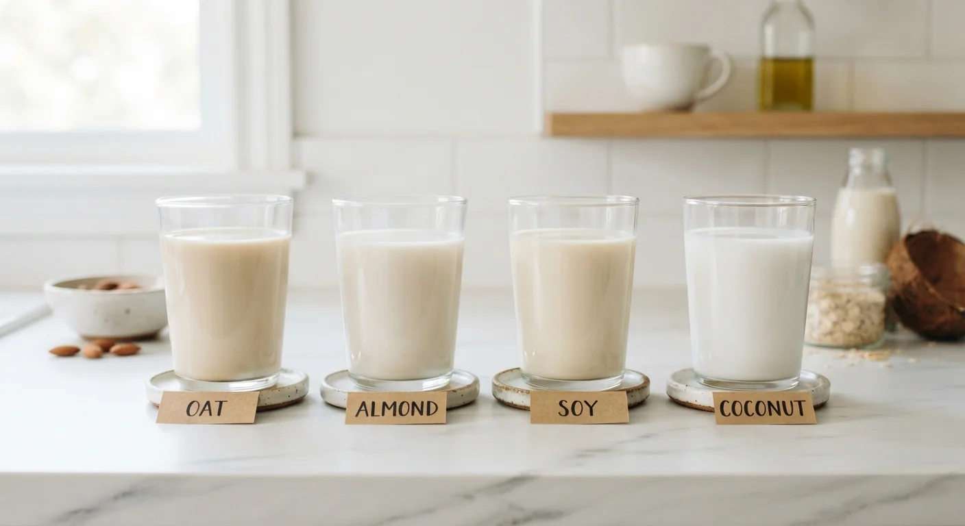 Four glasses of oat, almond, soy, and coconut milk lined up on a white counter