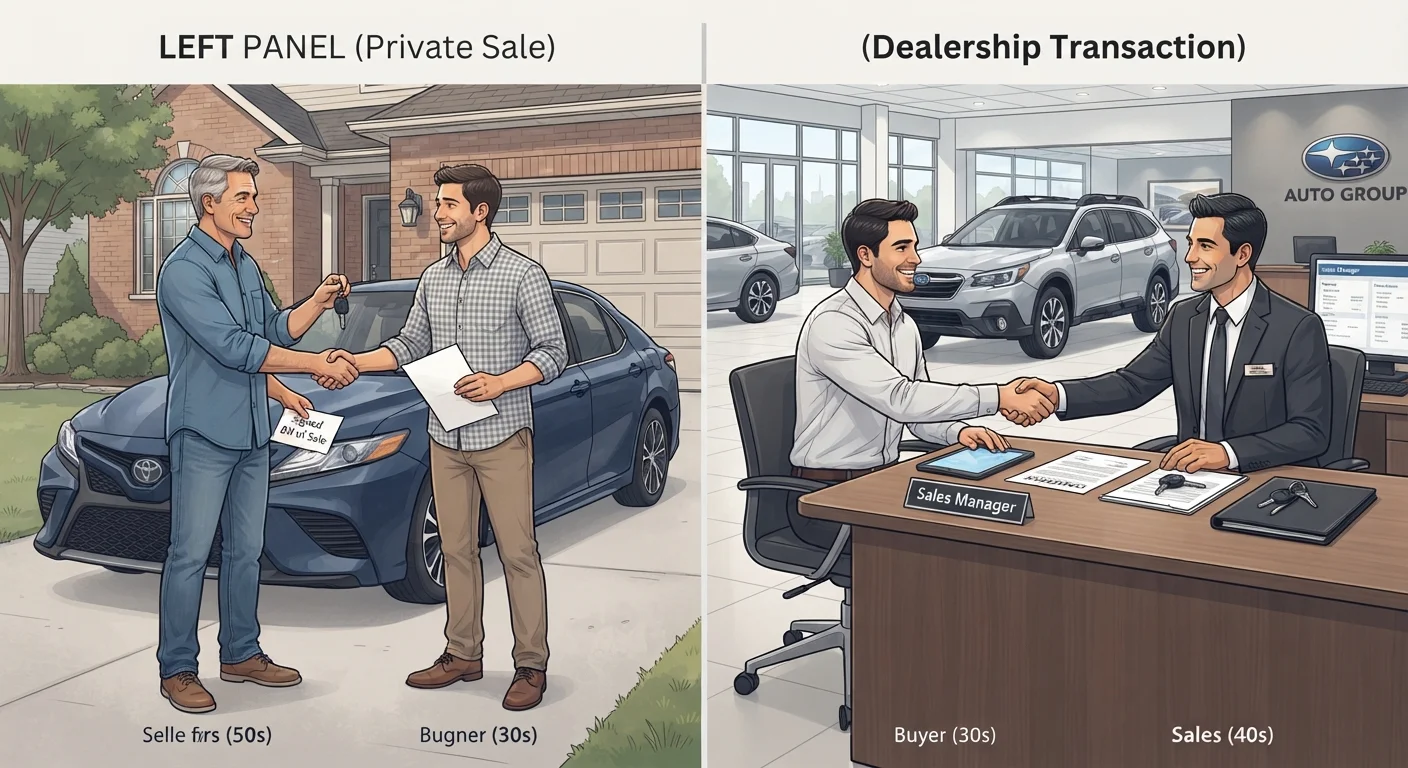Split image of a private car sale in a driveway and a dealership transaction at a desk
