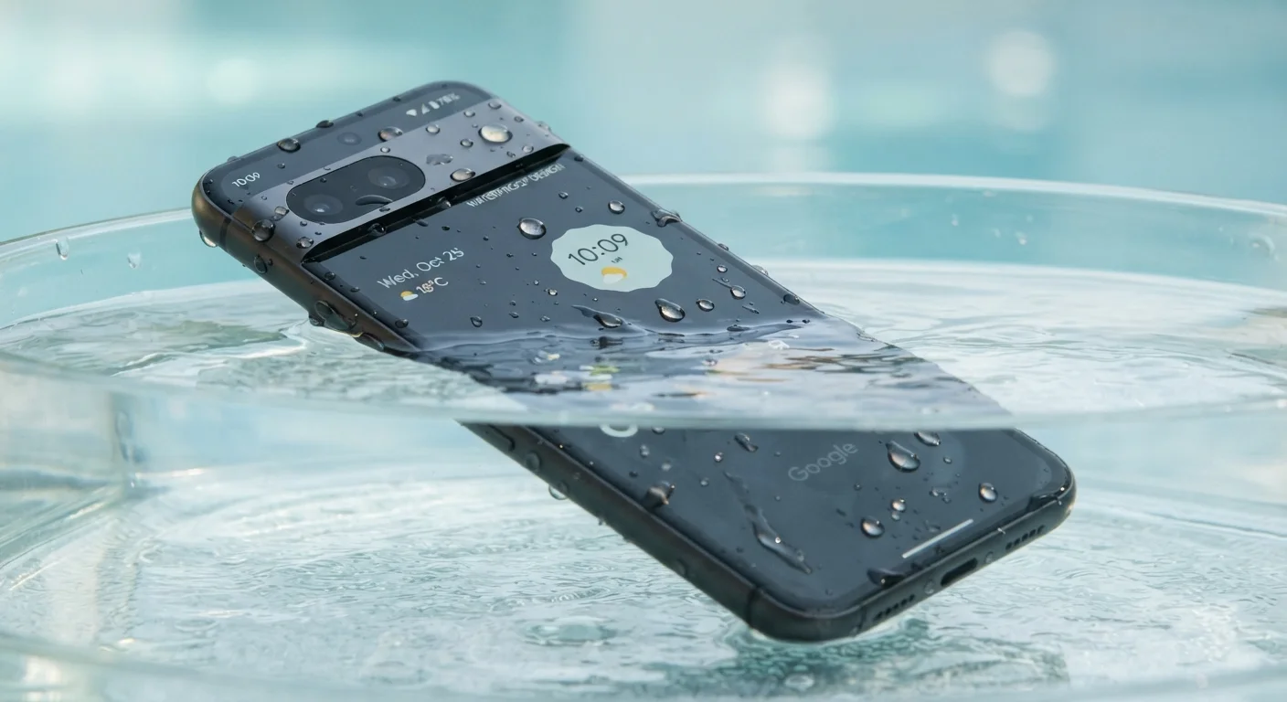 A smartphone partially submerged in clear water with water droplets on its surface