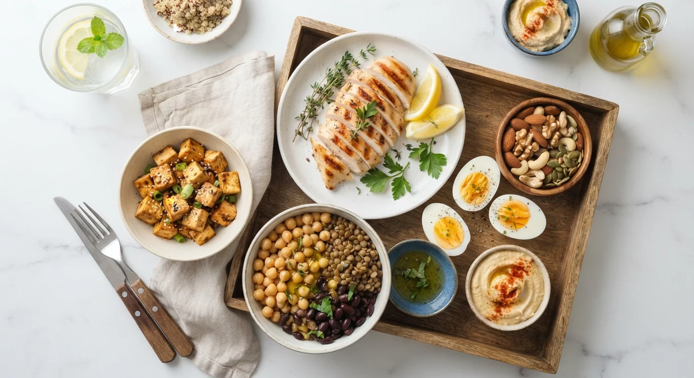 Assortment of protein-rich foods including legumes, eggs, nuts, chicken, and tofu arranged overhead