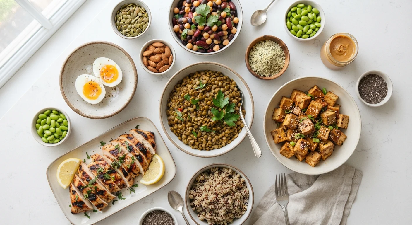 A variety of complete and incomplete protein food sources arranged together on a white surface