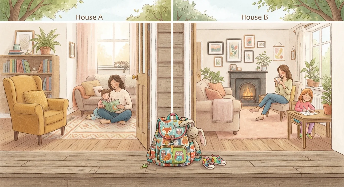 A child's backpack sitting on a doorstep between two welcoming family homes