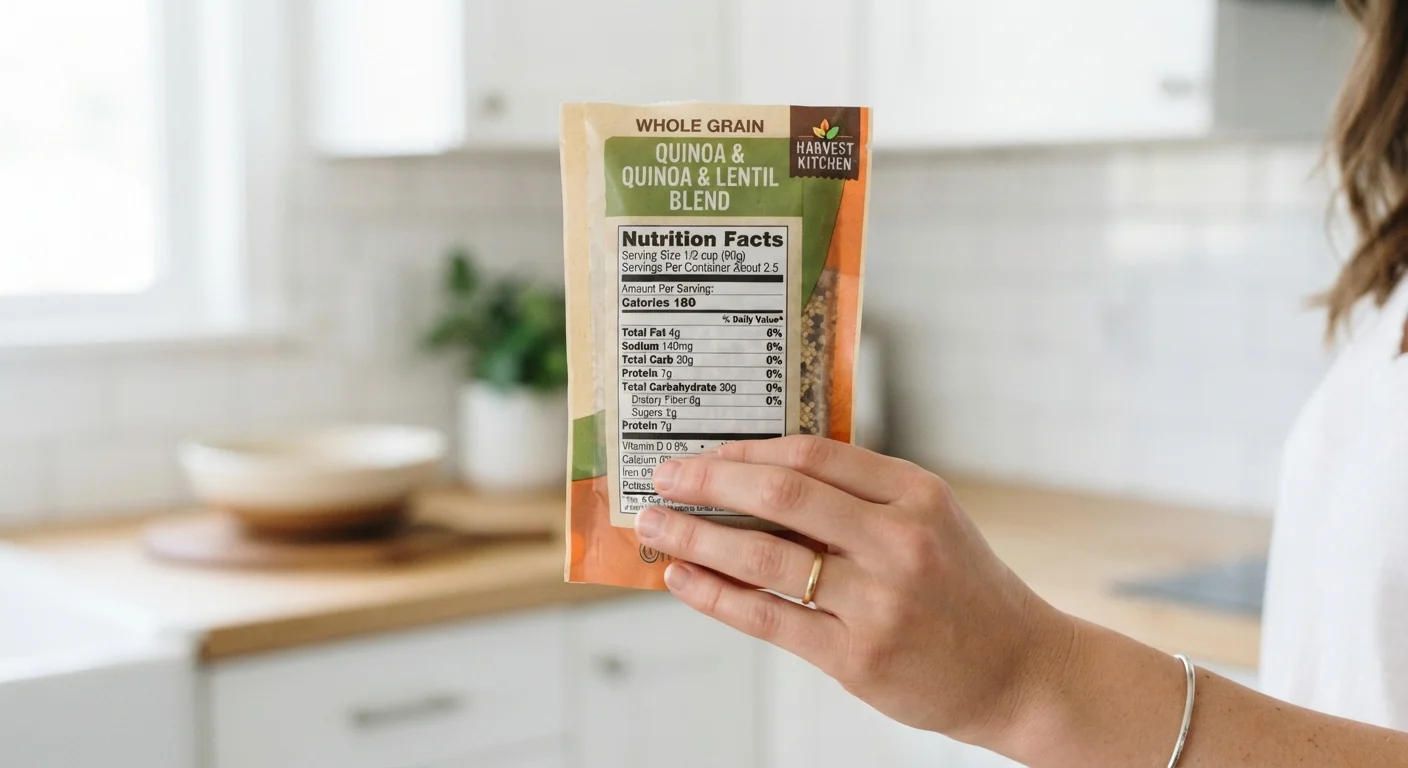 A hand holding a food package with a clearly visible Nutrition Facts label