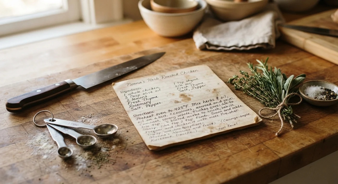 A handwritten recipe card on a wooden counter surrounded by cooking tools and fresh herbs