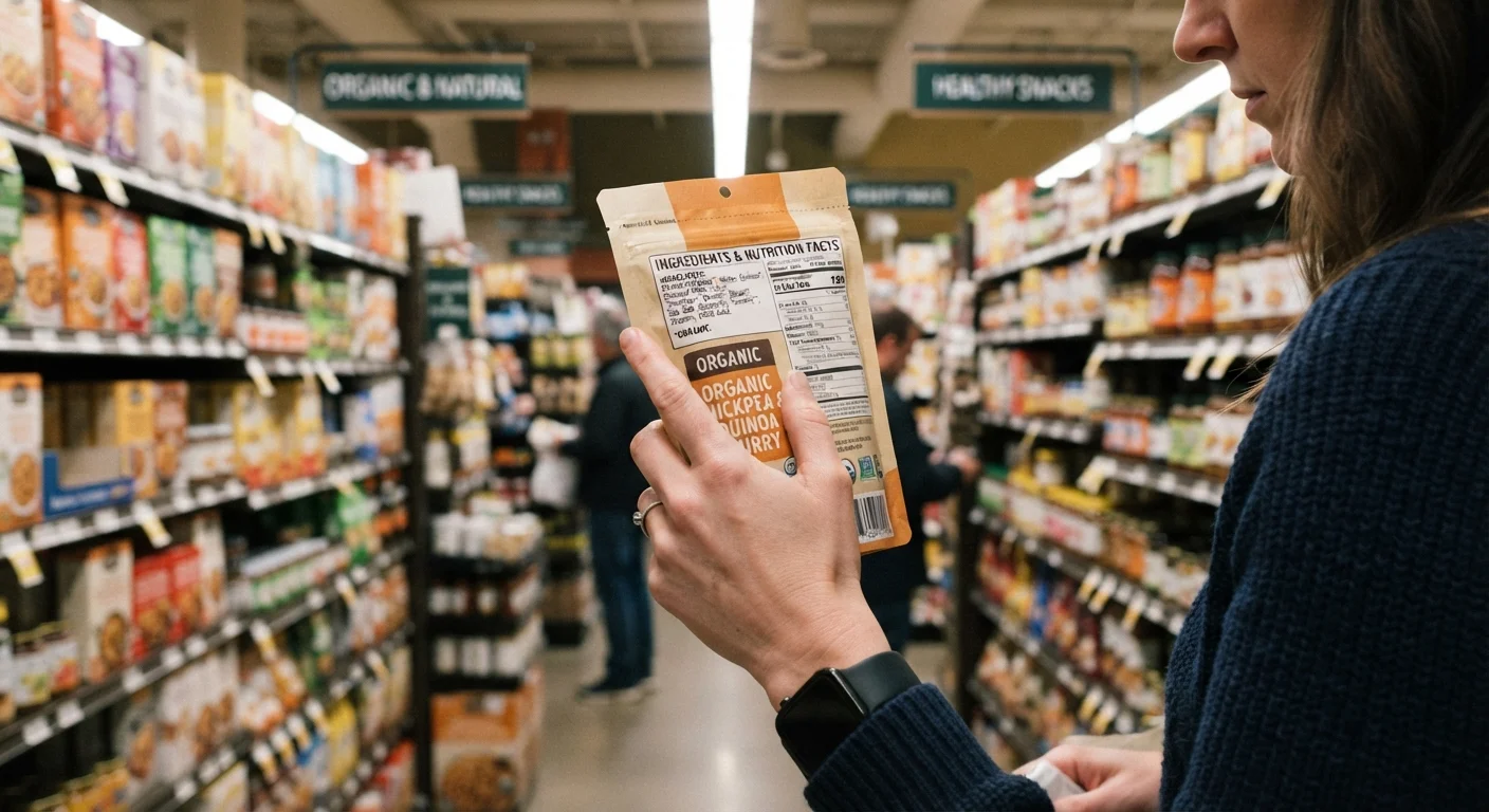 Person reading the ingredient label on the back of a packaged food product in a grocery store.