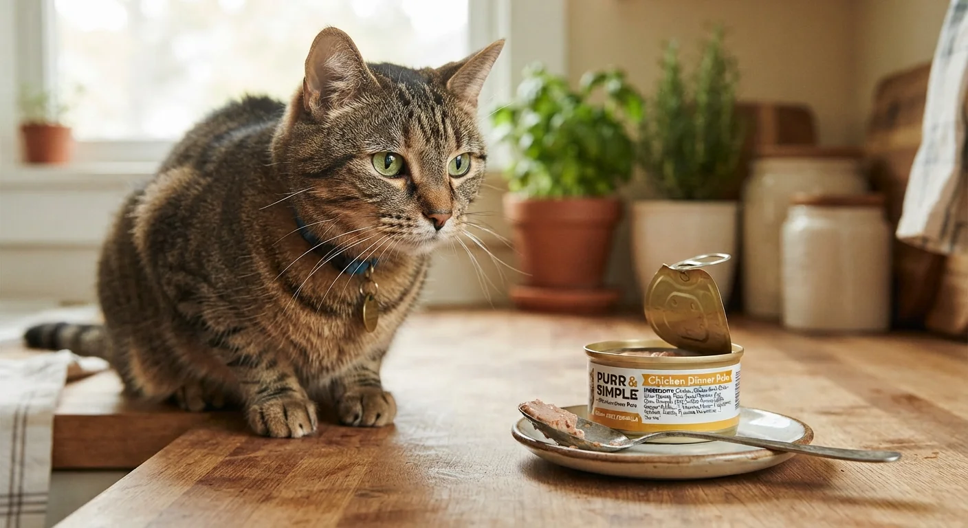 A cat sitting next to a can of cat food with a visible ingredient label on a kitchen counter