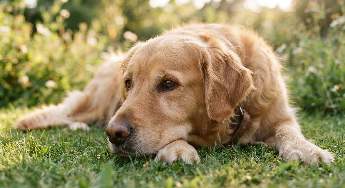Golden retriever resting on grass with relaxed posture and soft, expressive eyes