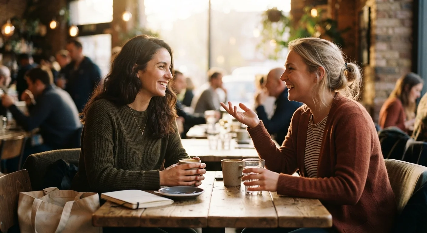 Two people having an earnest, calm conversation at a café table in warm light