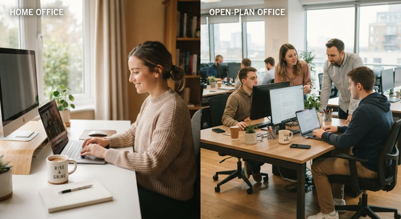 Split image showing a home workspace on one side and a modern office on the other