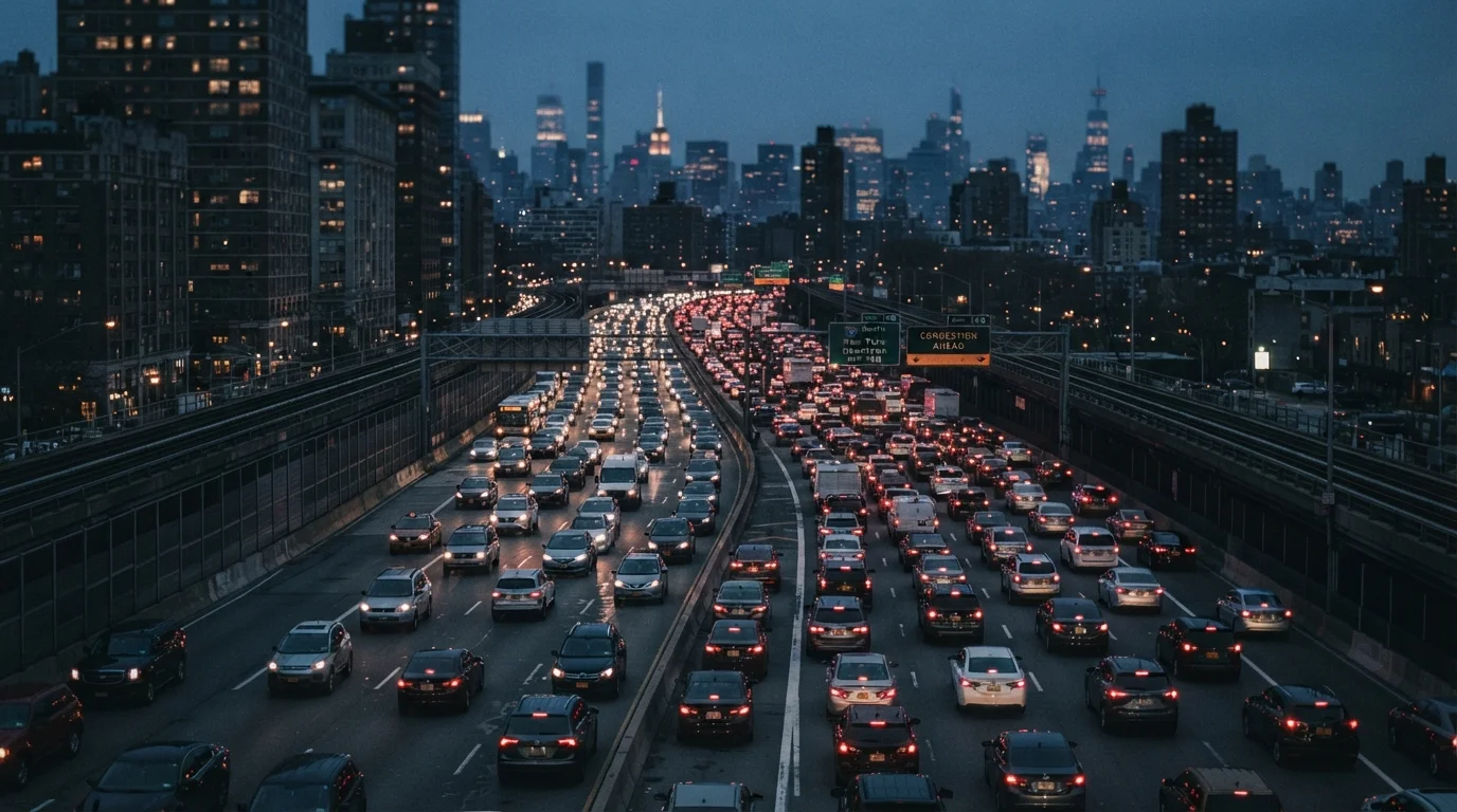 Congested urban highway at dusk with brake lights illuminating heavy traffic