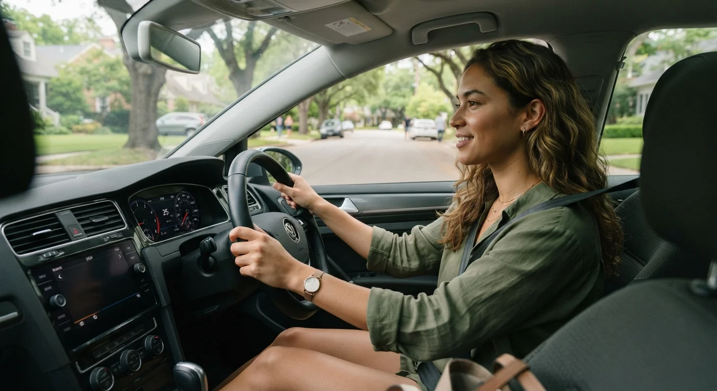 Young new driver sitting confidently behind the steering wheel on a quiet suburban street.
