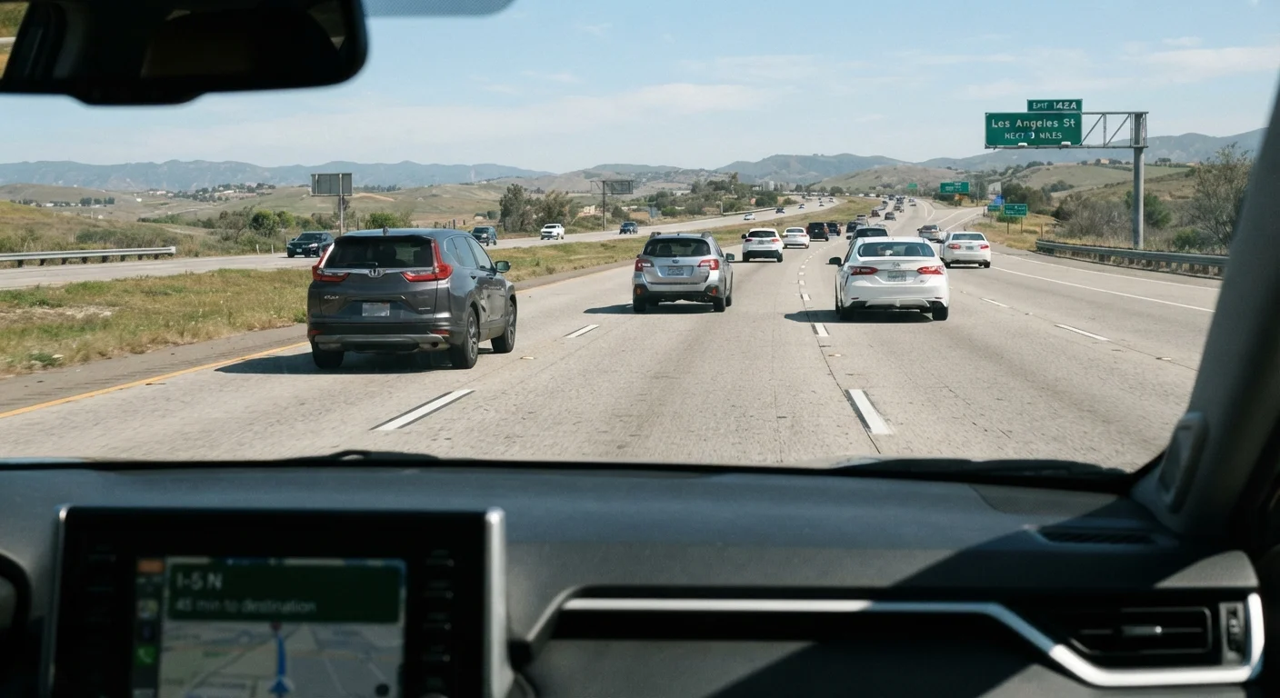 View from inside a car on a highway showing safe spacing between vehicles ahead