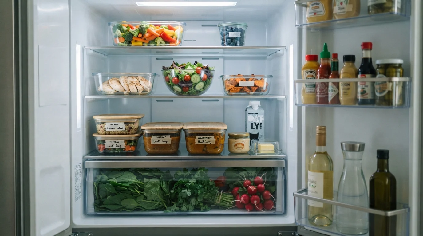 Well-organized refrigerator with clear containers of labeled fresh and cooked foods.