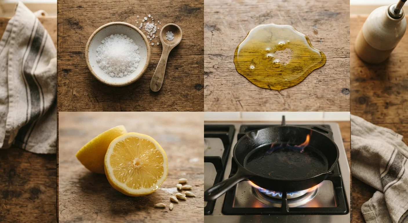 Four cooking fundamentals — salt, fat, acid, and heat — displayed as ingredients on a wooden kitchen surface
