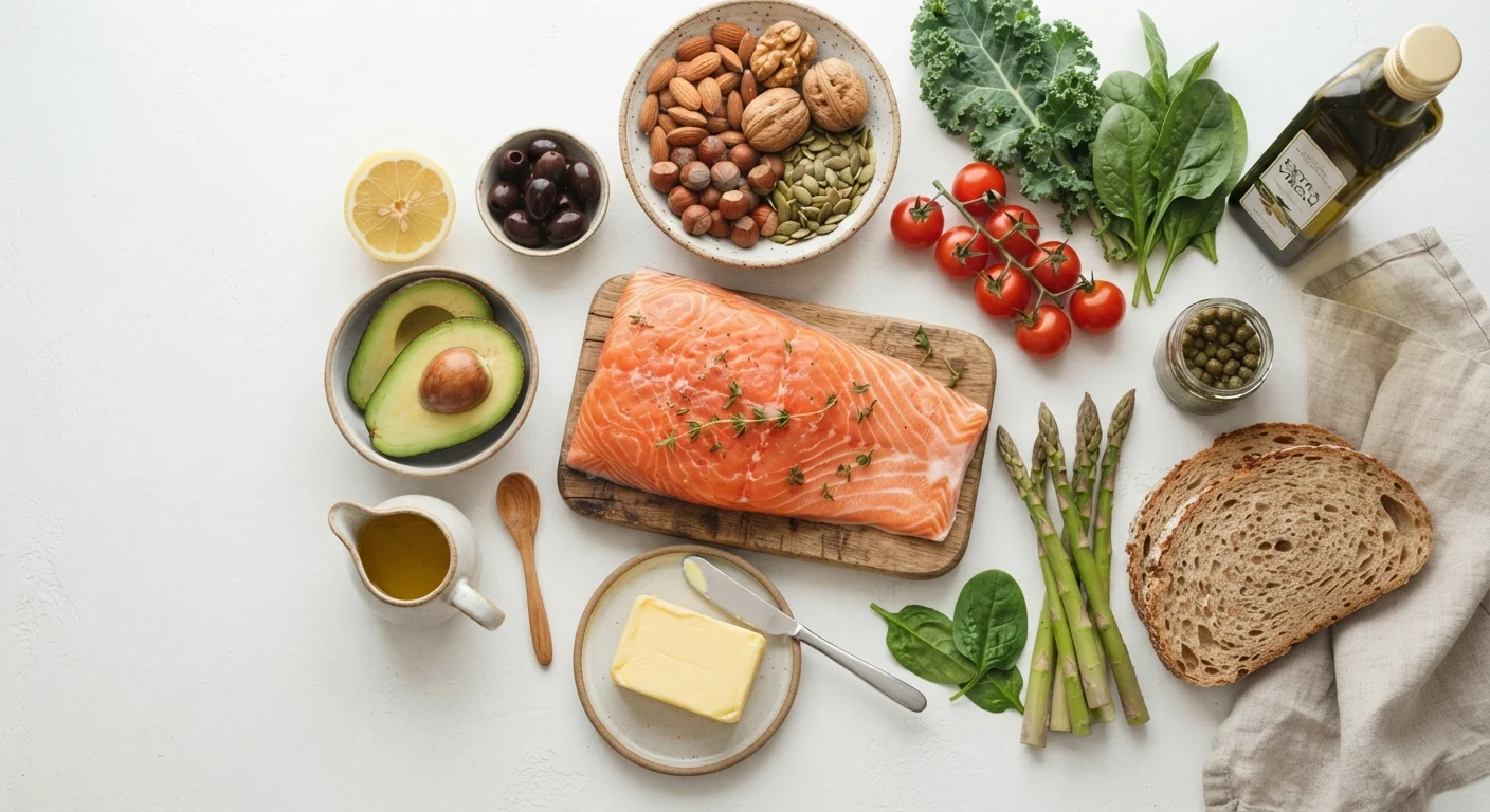 Assortment of foods containing different types of dietary fats arranged on a white surface.
