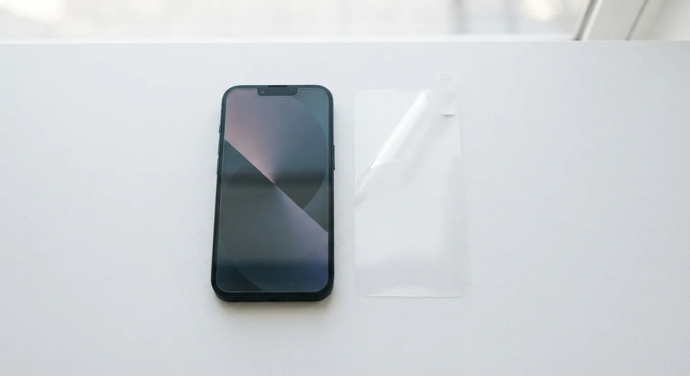 A tempered glass screen protector and a plastic film protector placed beside a smartphone on a white surface.