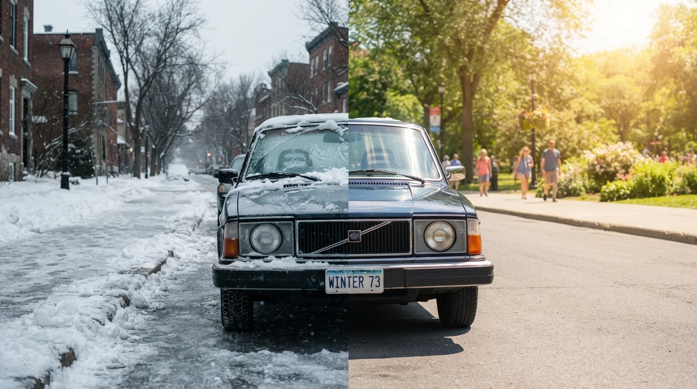 A vehicle covered in frost on a winter morning, ready for seasonal maintenance inspection.
