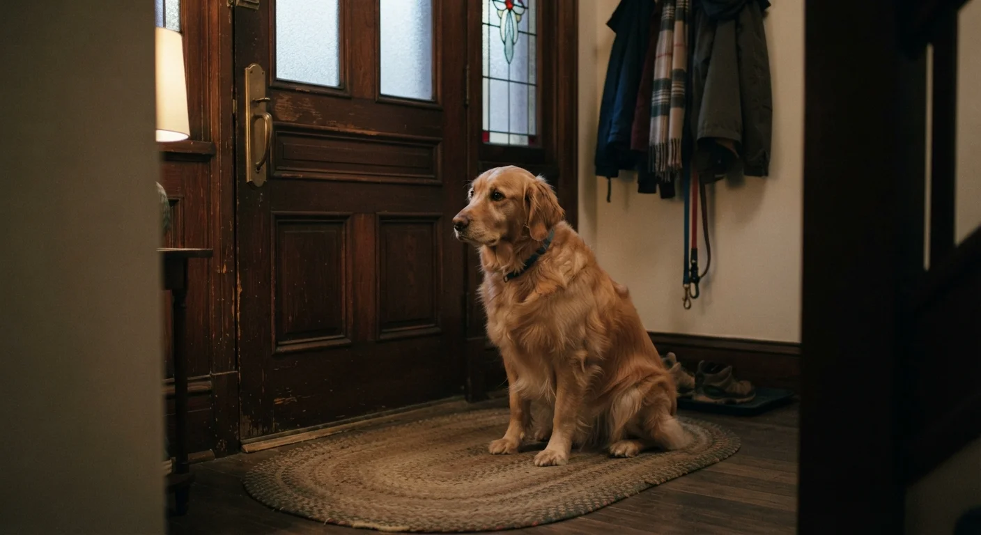 A dog sitting alone by a closed front door, looking anxious and waiting for its owner to return