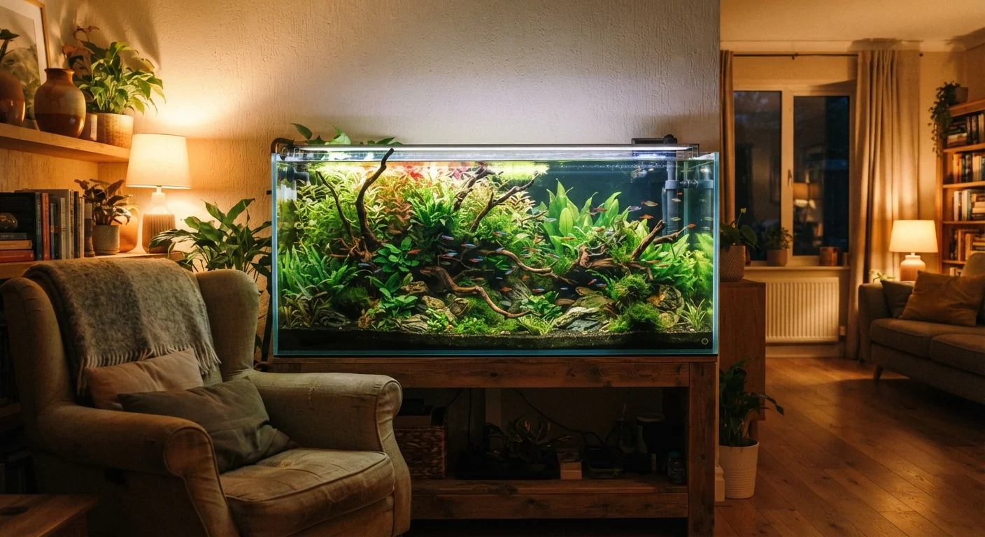A healthy freshwater aquarium with green plants, driftwood, and colorful fish in a home setting