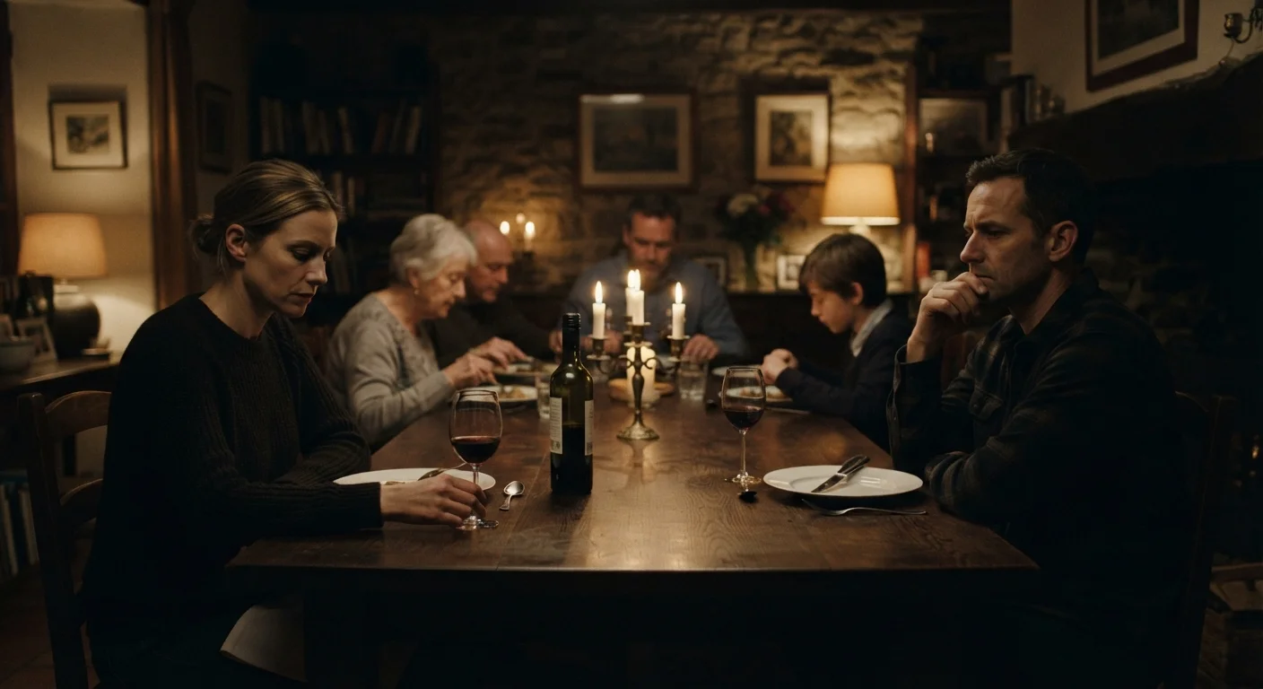 Two adult siblings sitting apart at a family dinner table with visible tension between them