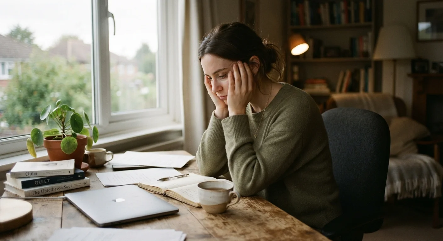 Person sitting at a desk with head in hands, appearing quietly overwhelmed by stress