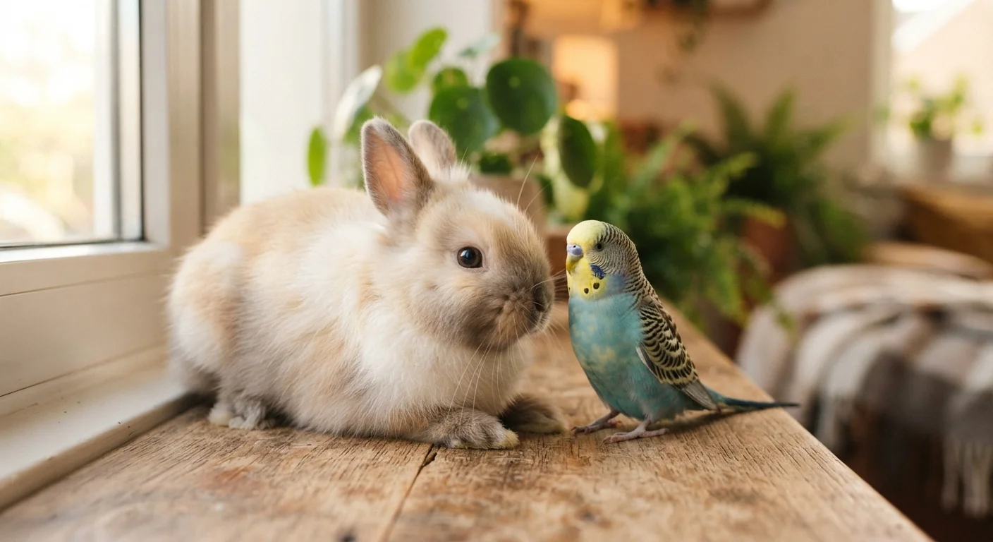 A small rabbit and a pet bird resting together on a wooden surface indoors.