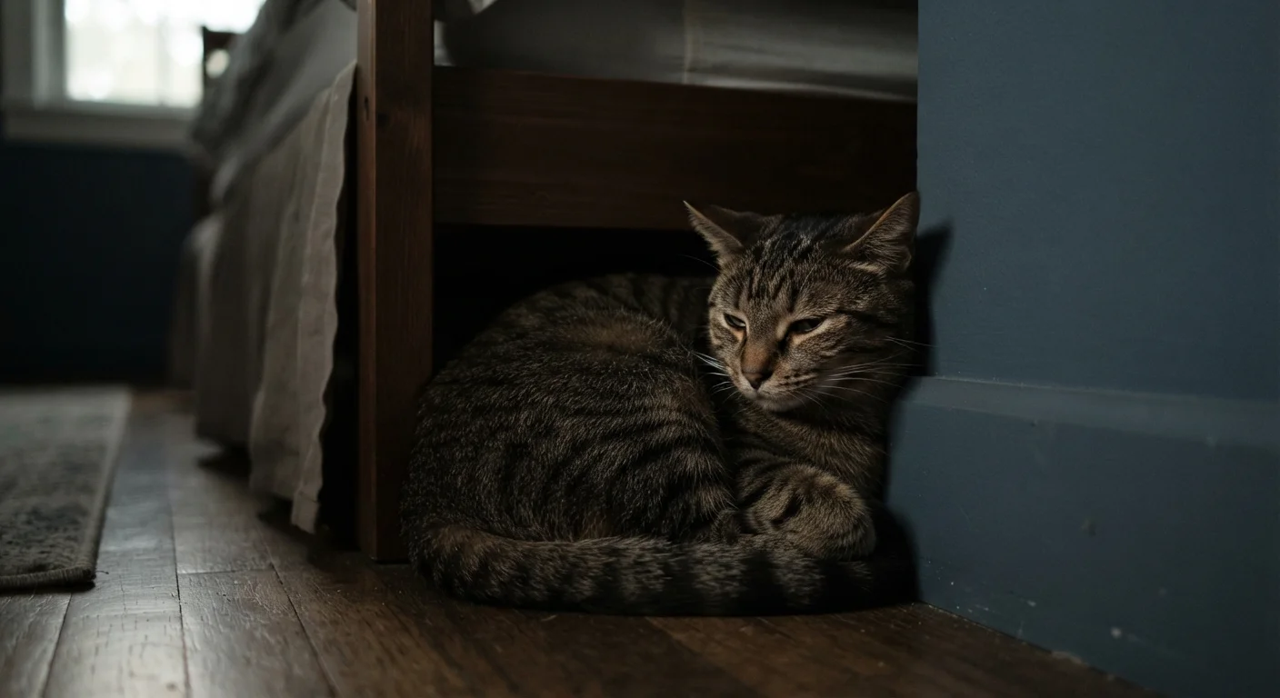 A cat hiding in a quiet corner, curled up with a slightly tense posture suggesting discomfort