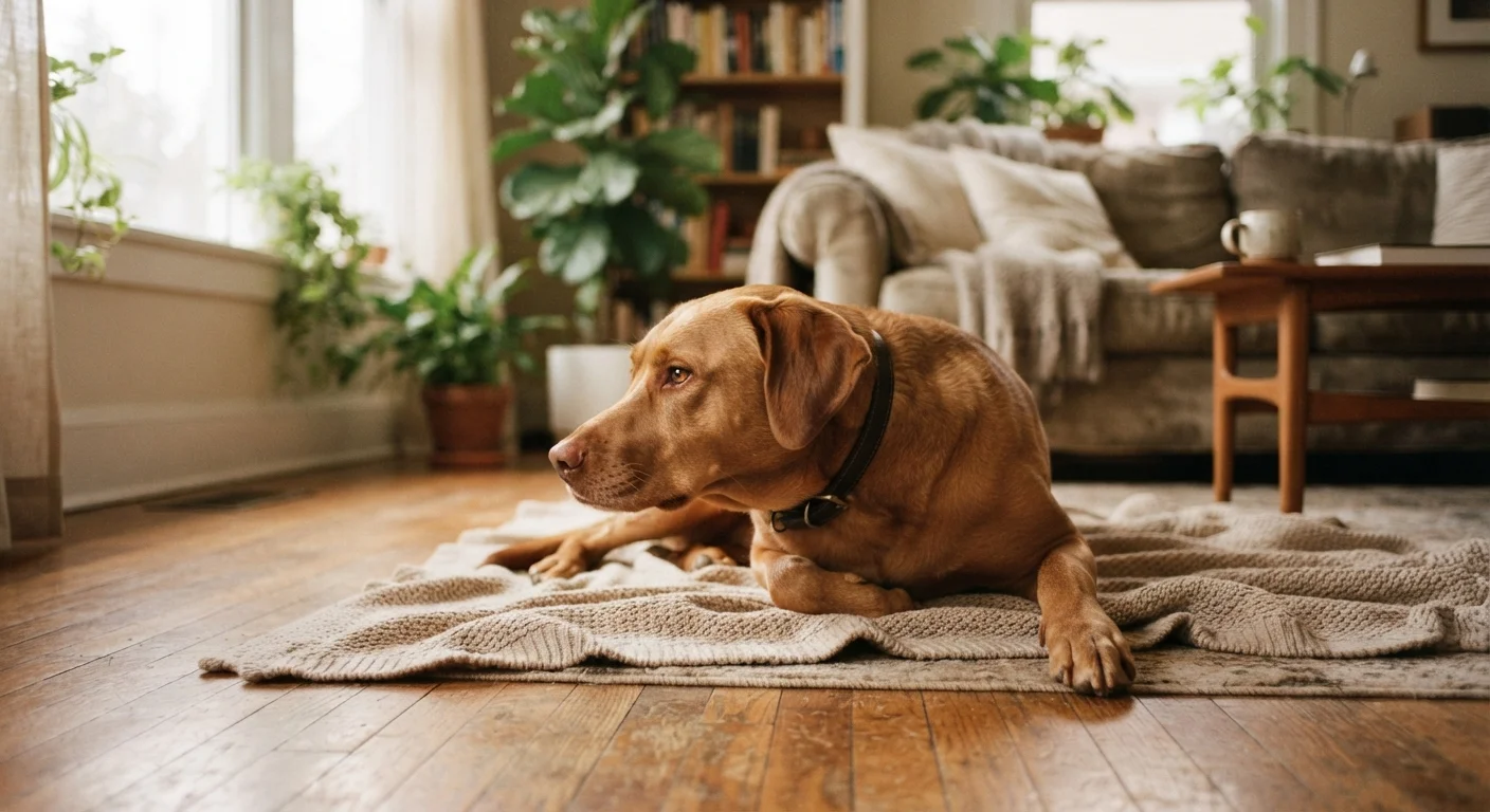 A dog resting quietly on a floor, appearing calm but showing subtle signs of discomfort