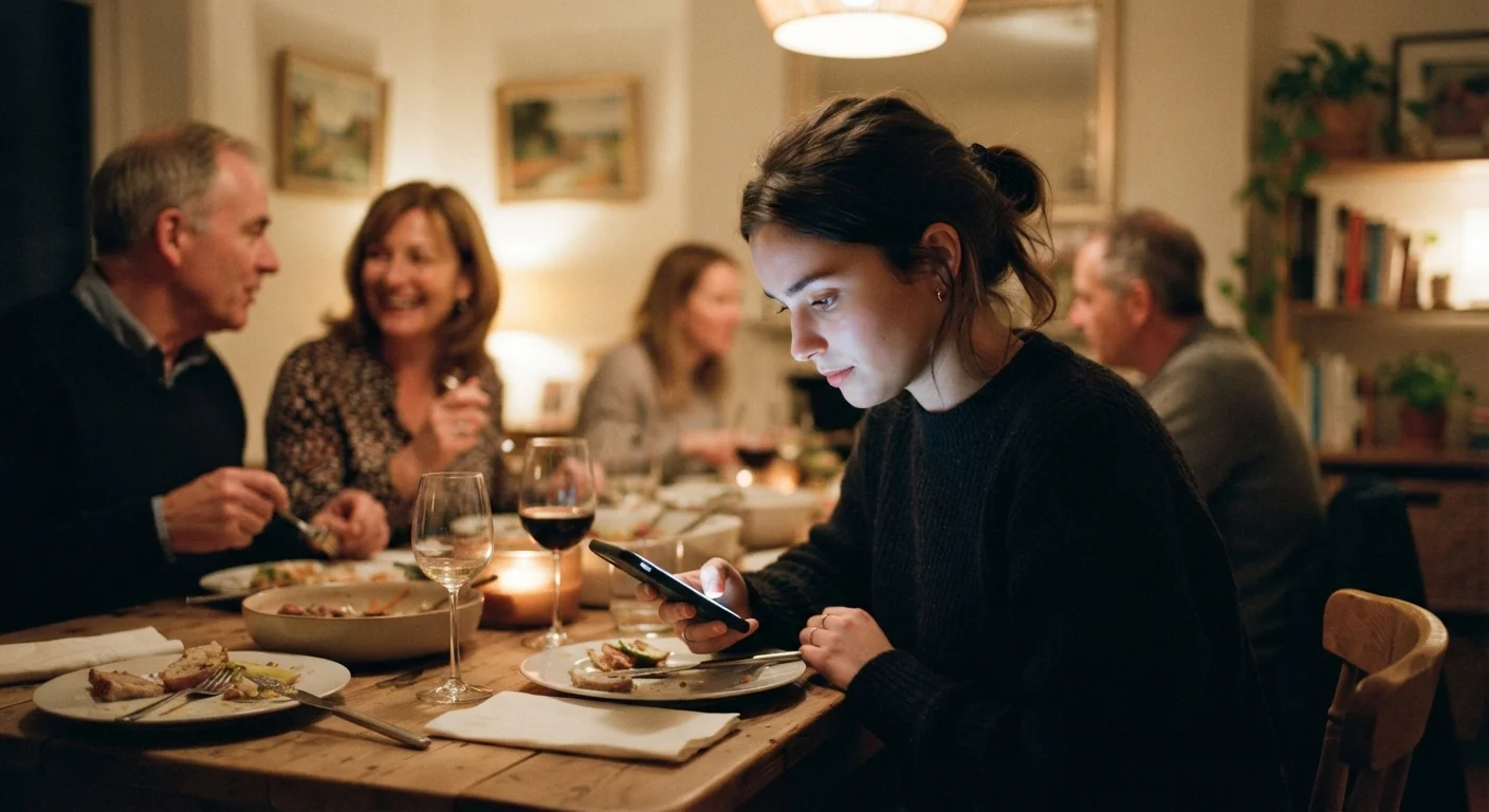 Person distracted by phone at a family dinner table, symbolizing work-life imbalance.