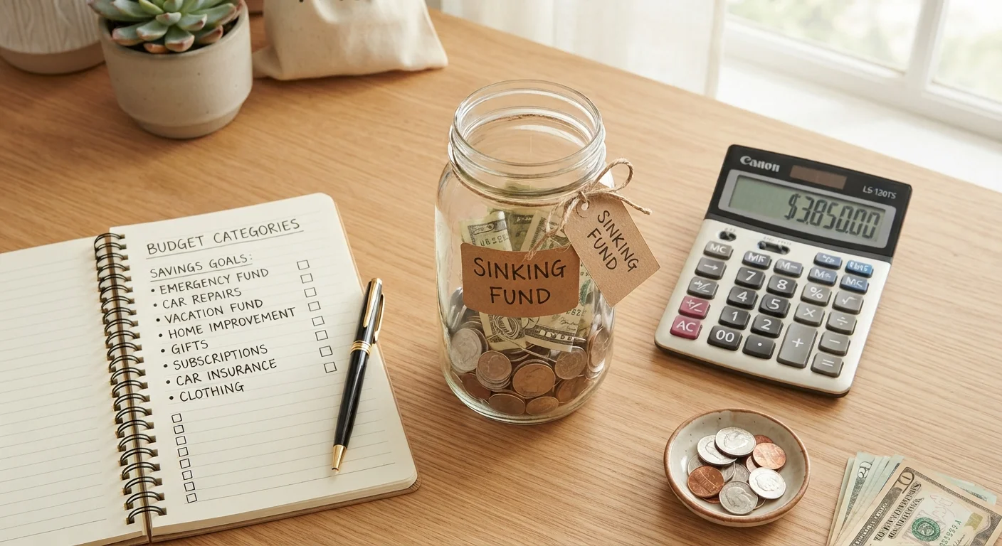 A glass jar labeled sinking fund filled with coins beside a budget notebook and calculator on a desk.