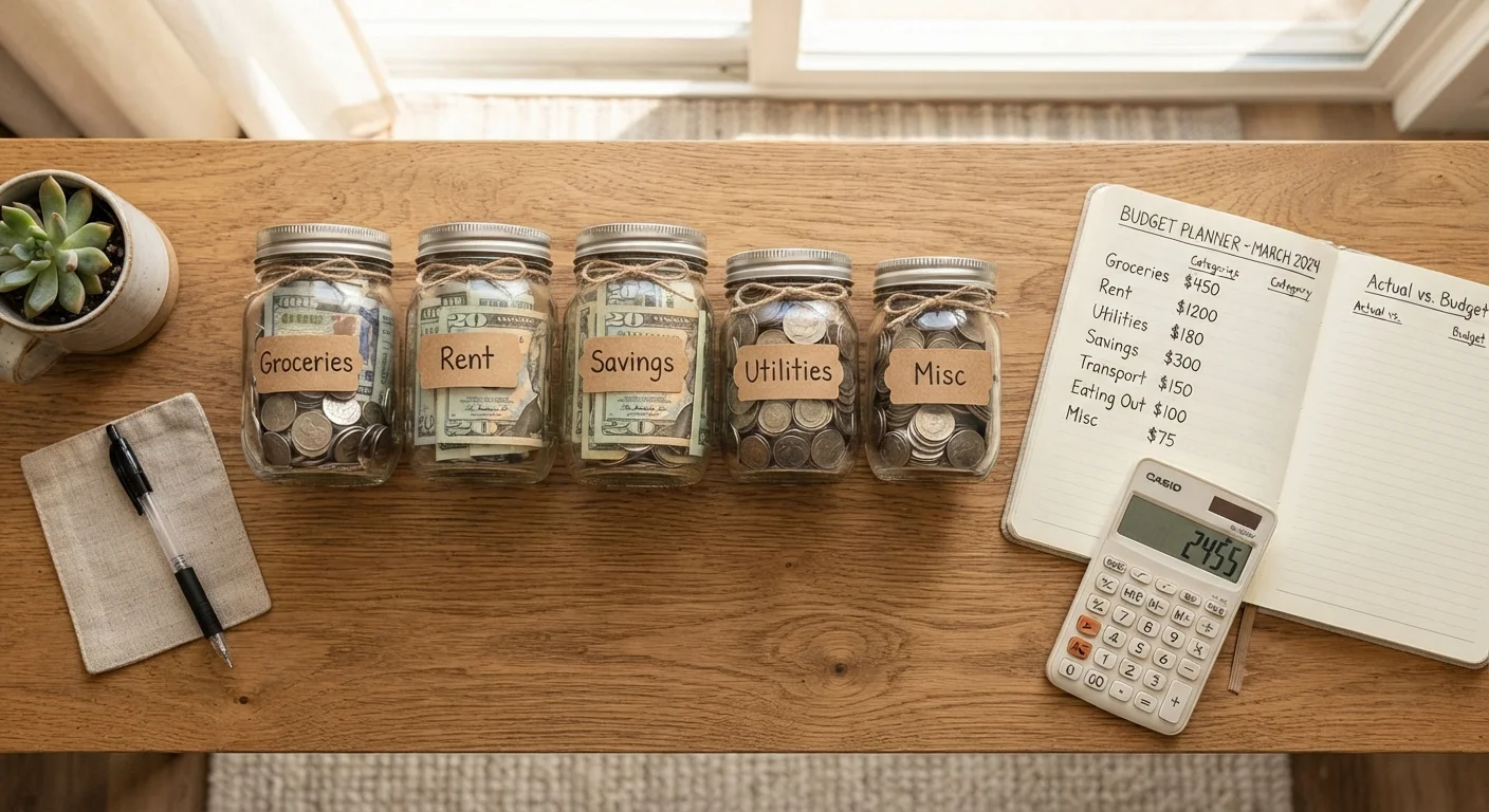 Labeled glass jars filled with coins representing different sinking fund savings categories on a desk.