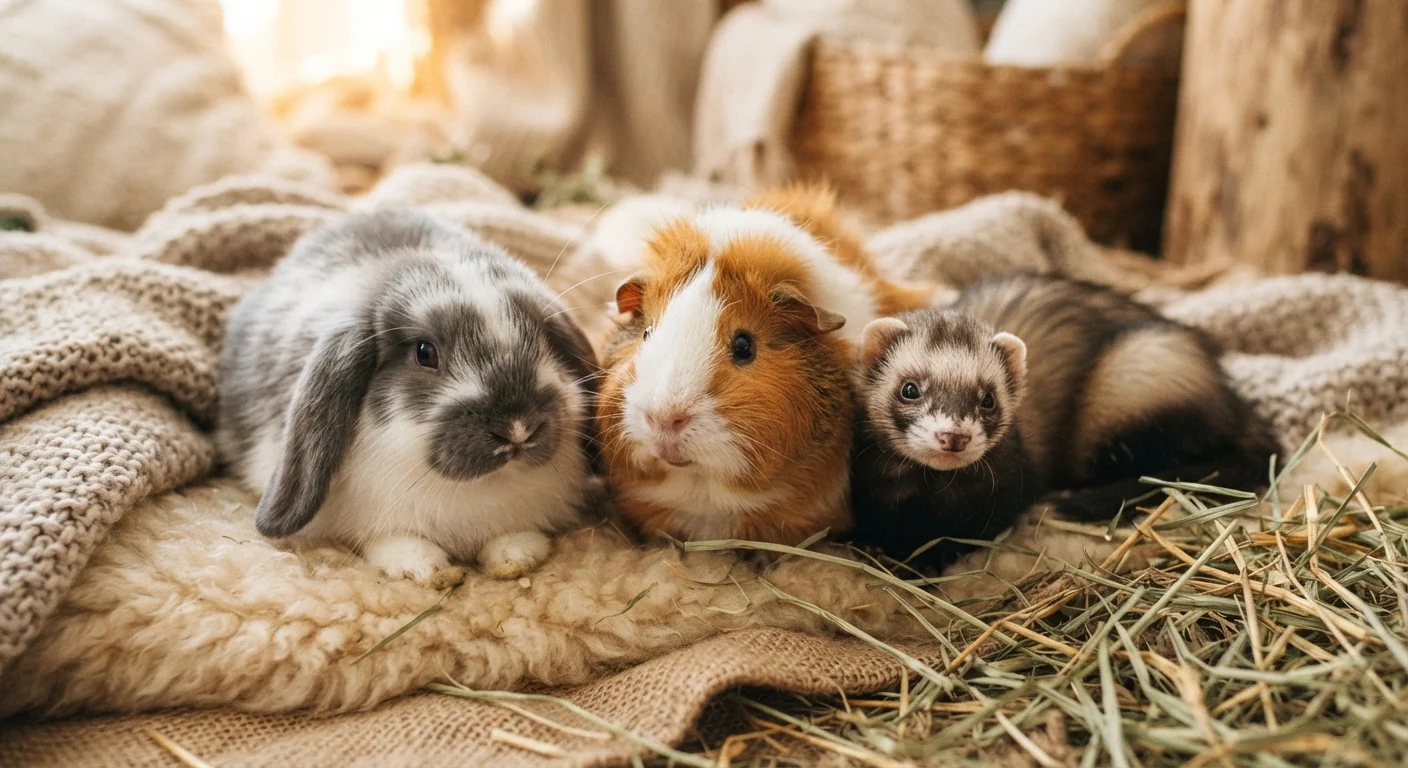 A guinea pig, a rabbit, and a ferret resting together on soft bedding