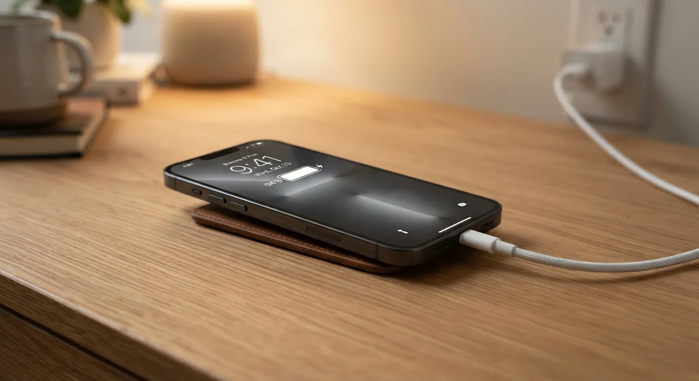 Smartphone charging on a wooden desk with battery icon displayed on screen