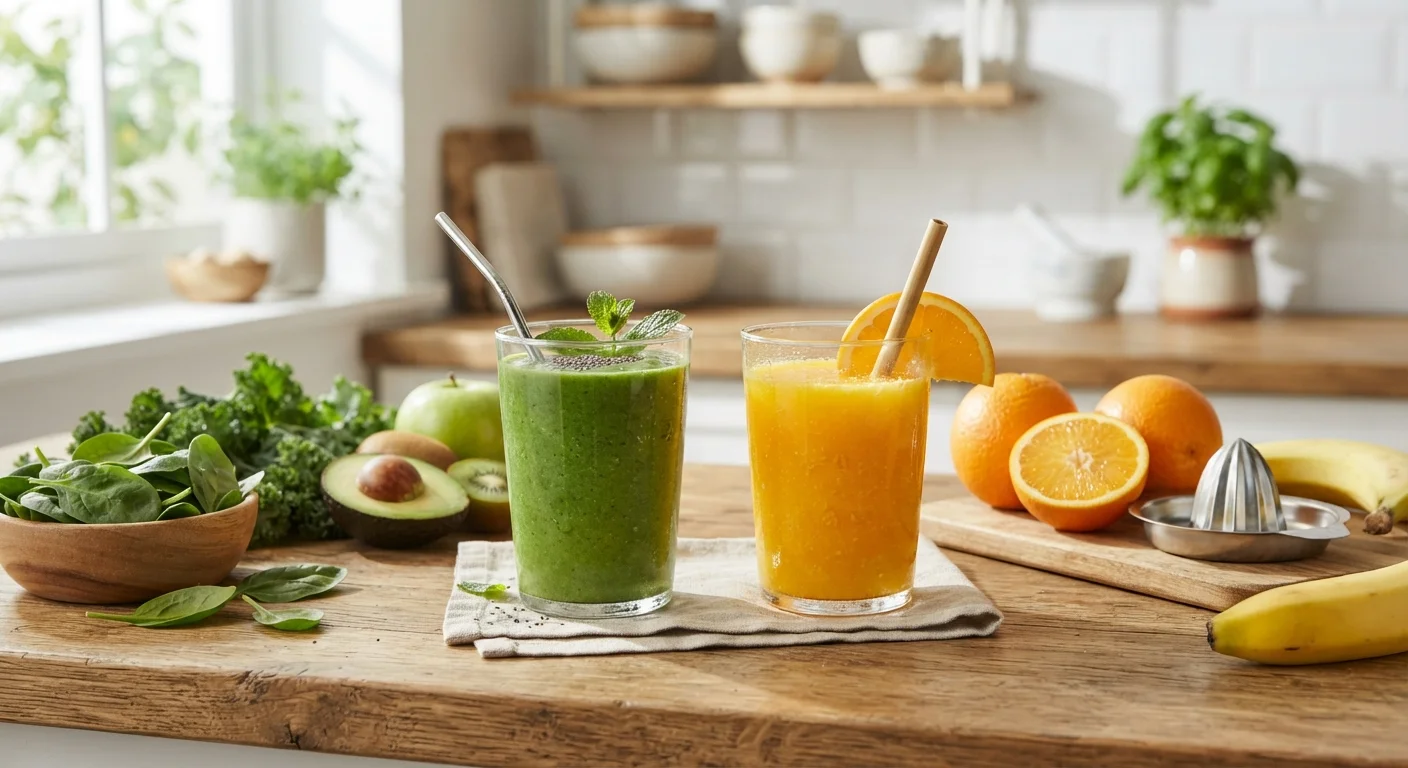 A green smoothie and a glass of fresh orange juice side by side on a wooden counter surrounded by fresh produce.