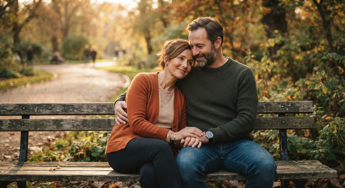 Two people sitting together on a park bench sharing a quiet, meaningful moment of connection