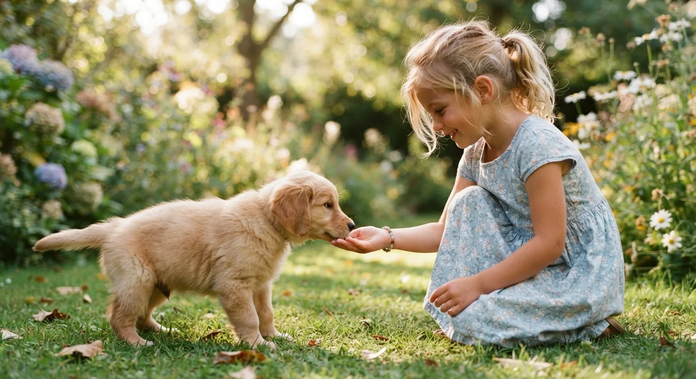A young golden retriever puppy sniffing a child's outstretched hand outdoors in sunlight