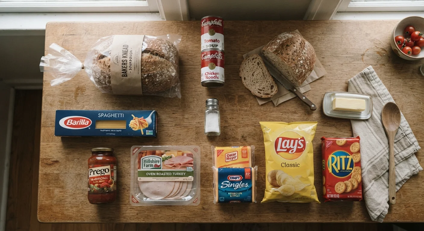 Assorted processed foods including bread, canned soup, and deli meat arranged around a salt shaker