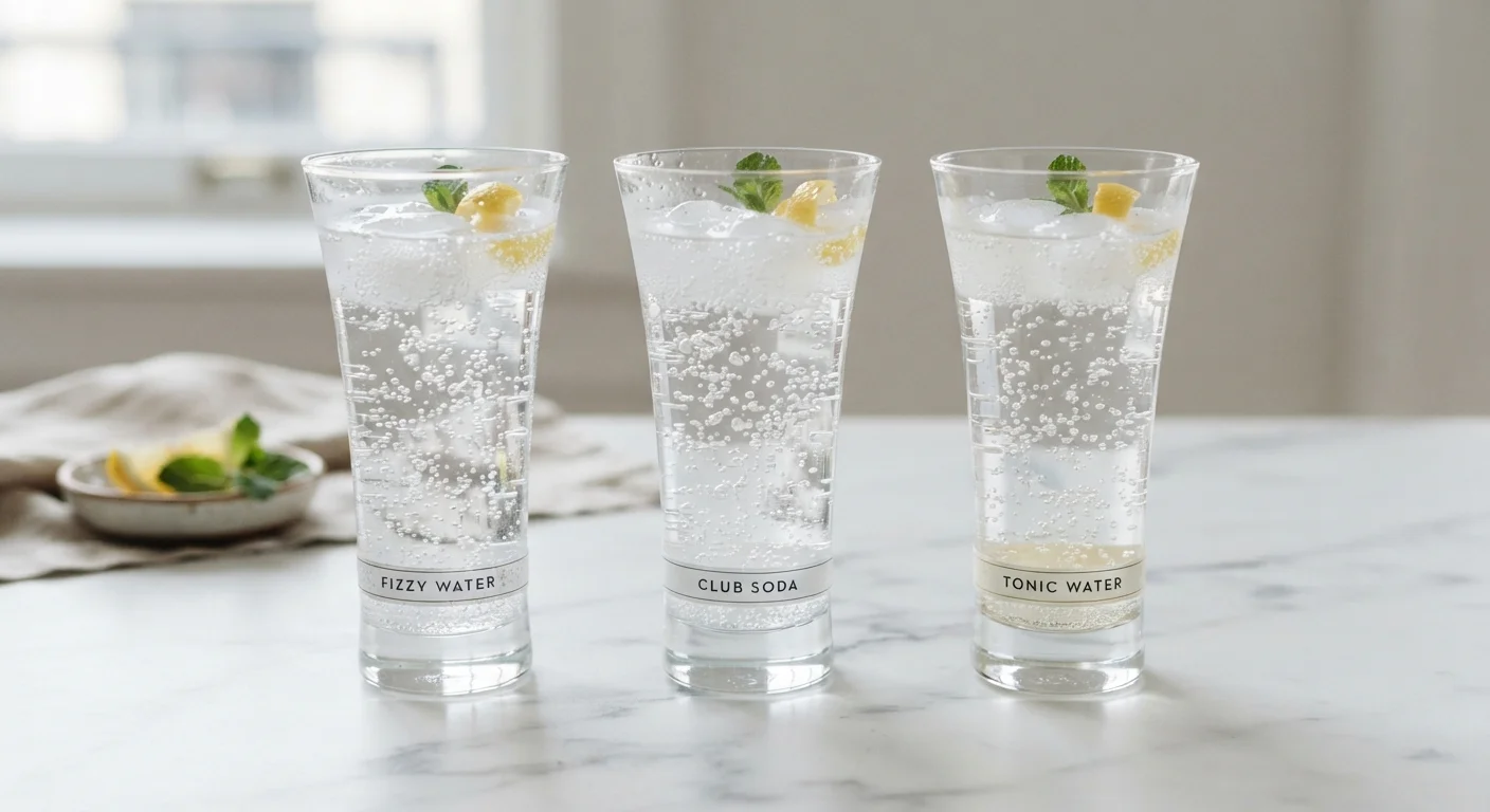 Three glasses of sparkling water, club soda, and tonic water lined up on a marble surface