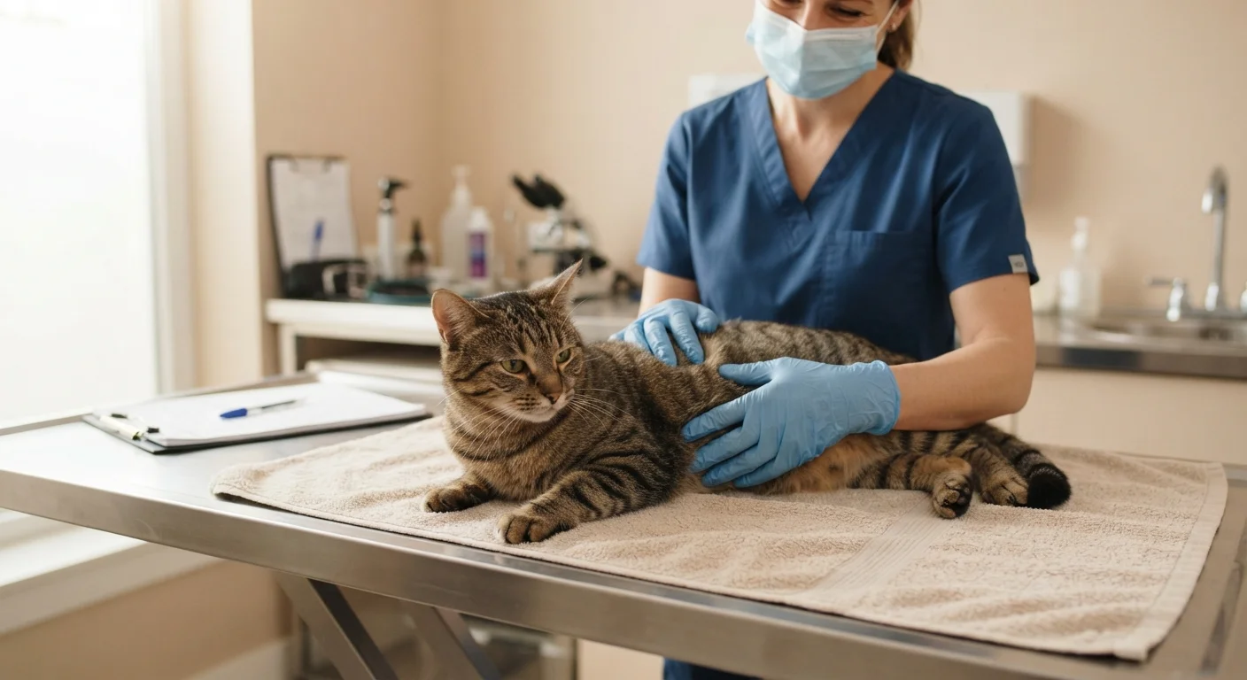 A tabby cat resting calmly on a veterinary examination table during a checkup