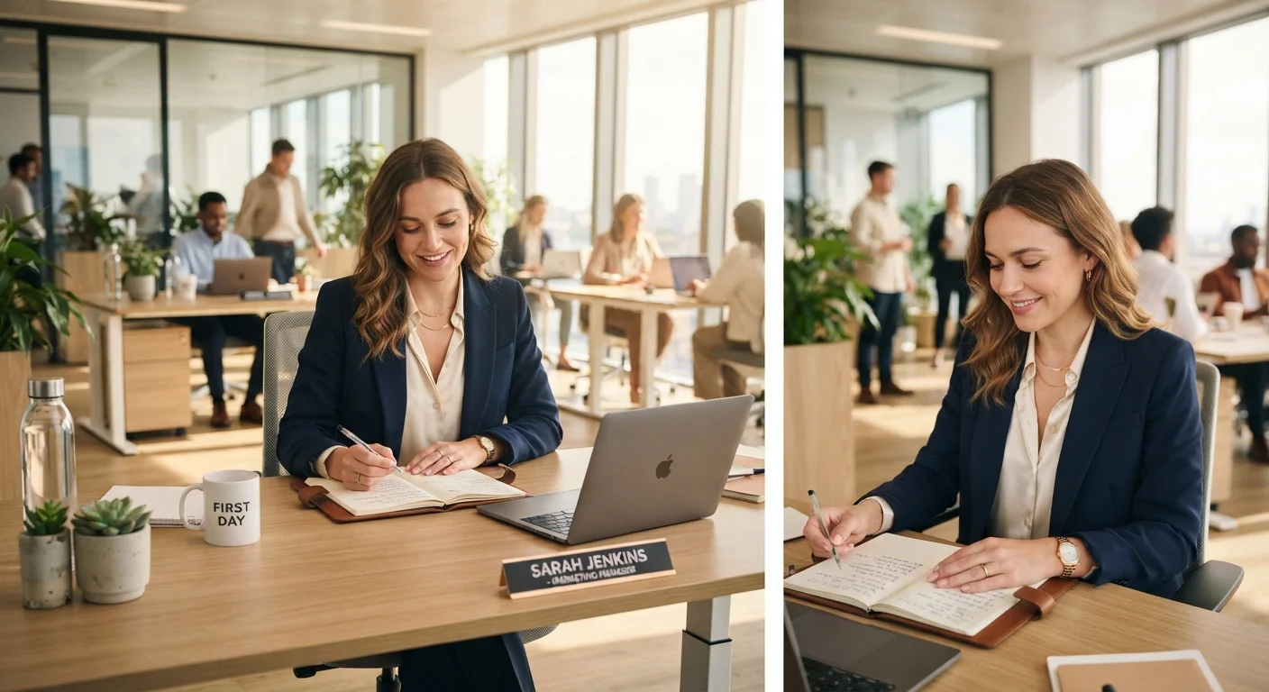 A new employee reviewing notes at a bright modern office desk on their first day