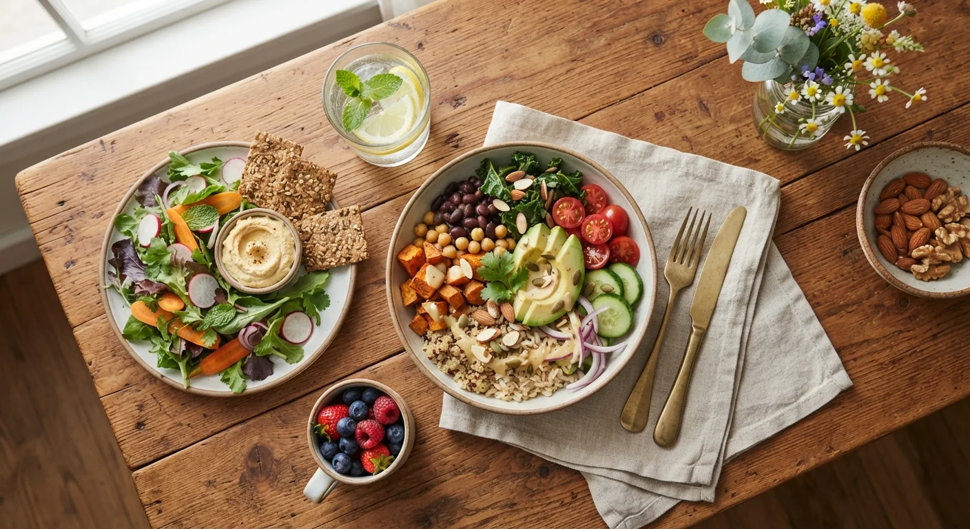 Colorful spread of whole foods including vegetables, grains, legumes, and nuts on a wooden table