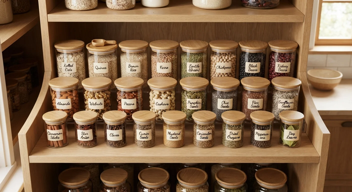 Neatly organized pantry shelves with labeled glass jars of whole grains, legumes, and spices