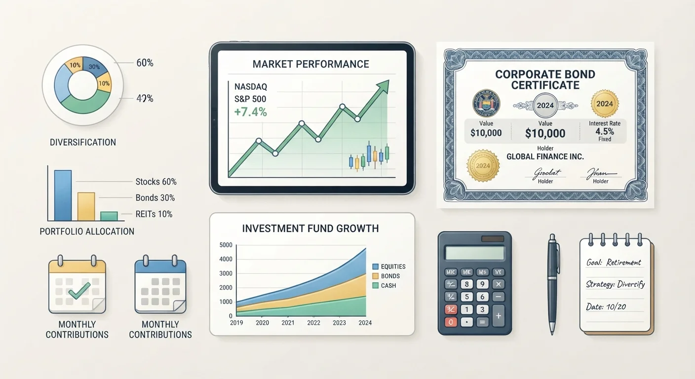 Illustrated icons representing stocks, bonds, and investment funds arranged on a light background.