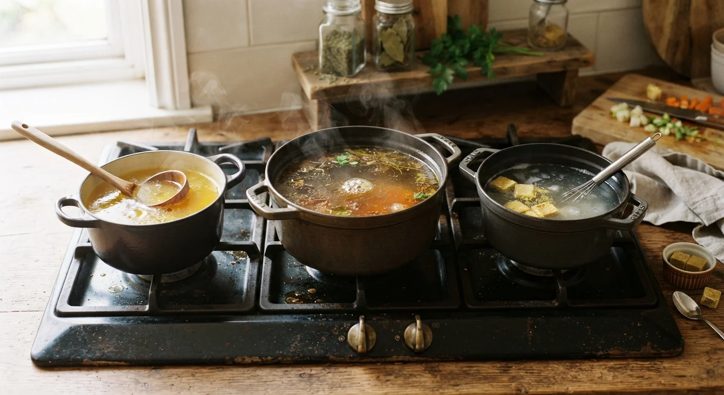 Three pots on a stovetop showing stock, broth, and bouillon cubes dissolving in water.