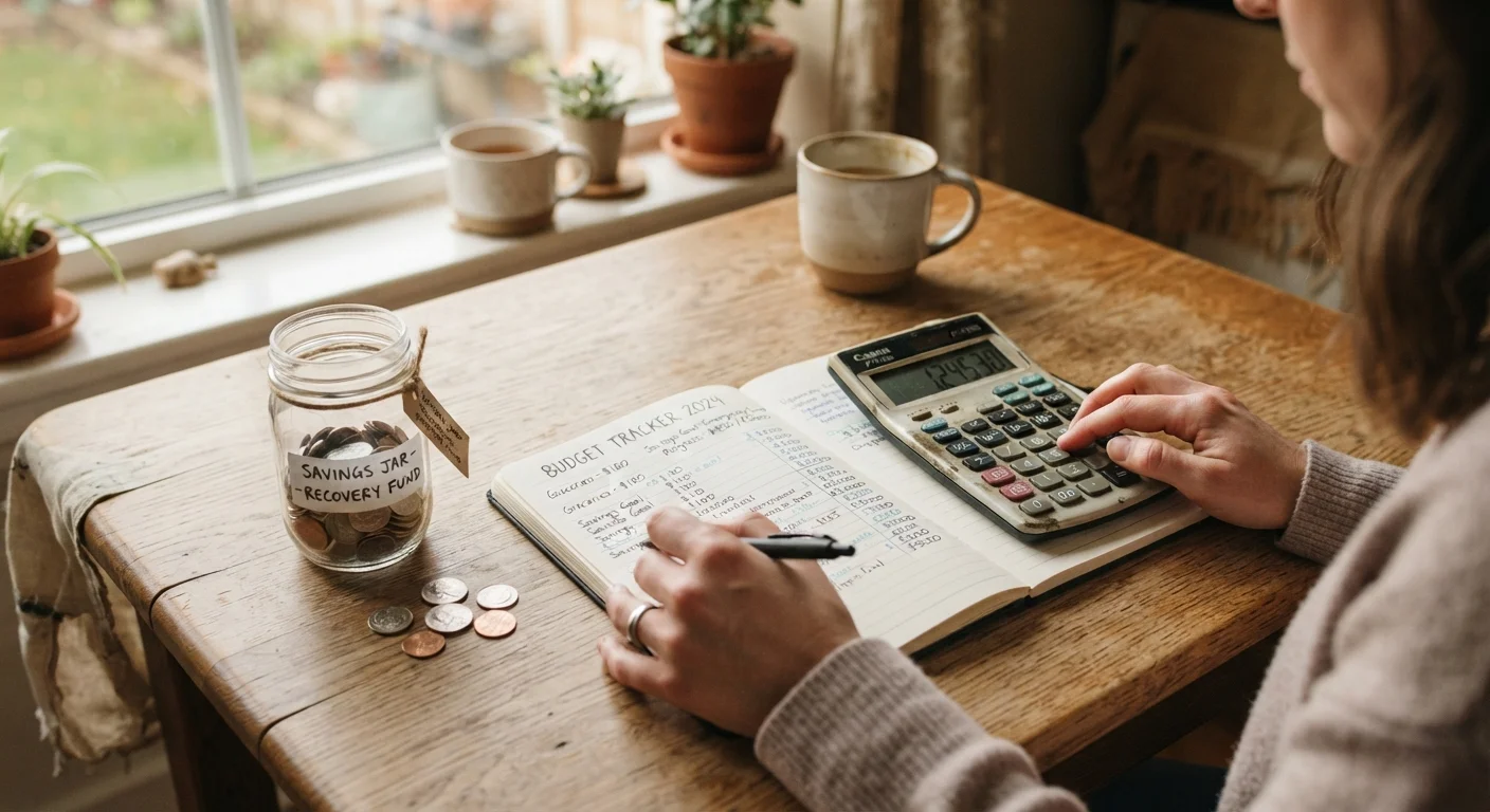 A kitchen table with a budgeting notebook, calculator, and jar of savings coins