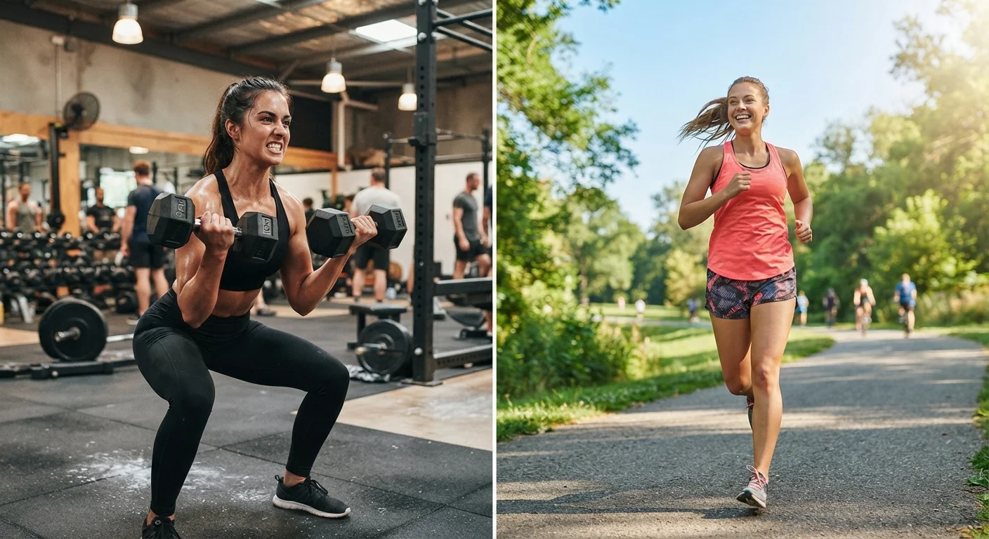 Side-by-side image of a person lifting weights and a person running outdoors