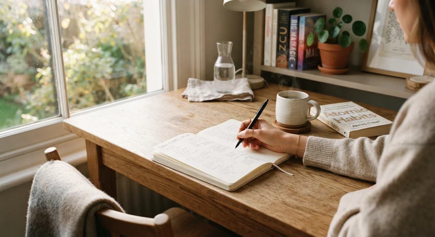 A clean home office desk with a notebook, coffee, and morning sunlight streaming in.