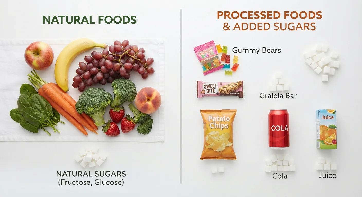 Fresh fruits and vegetables placed beside sugar cubes and packaged processed snack foods on a white surface.